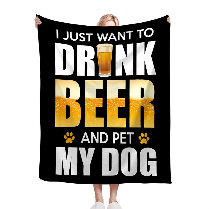 Funny Beer and Dog Throw Blanket - Gifts and Decor for Men Women Adults - Soft Warm Cozy Fleece for Couch Sofa Bed 50"x40"