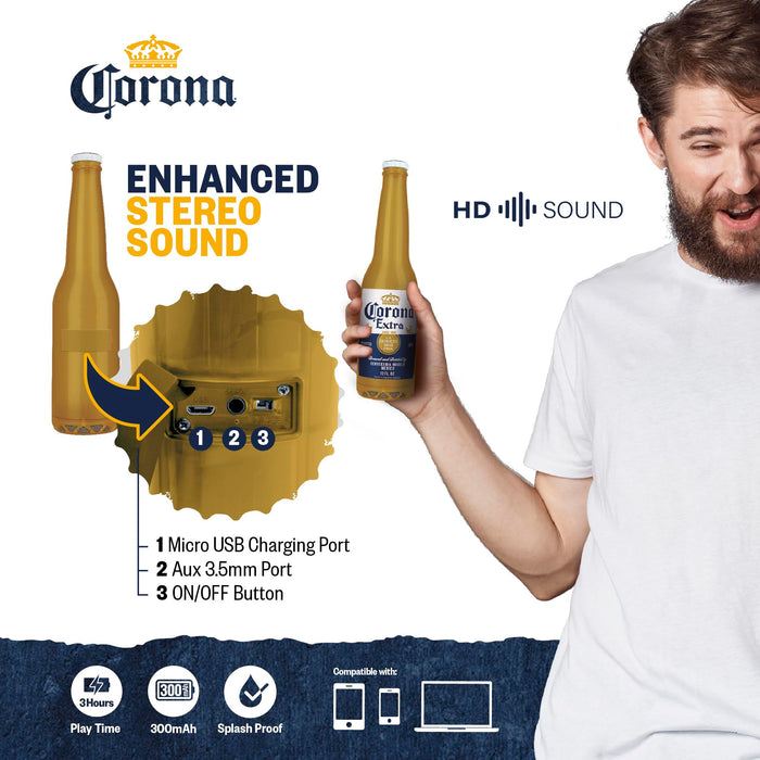 Corona Beer Bottle Bluetooth Speaker – Portable Wireless Stereo 30FT Range Sound System with Bluetooth + AUX Support, 3 Hour Playtime, Travel-Friendly Audio for Outdoor & Indoor Activities