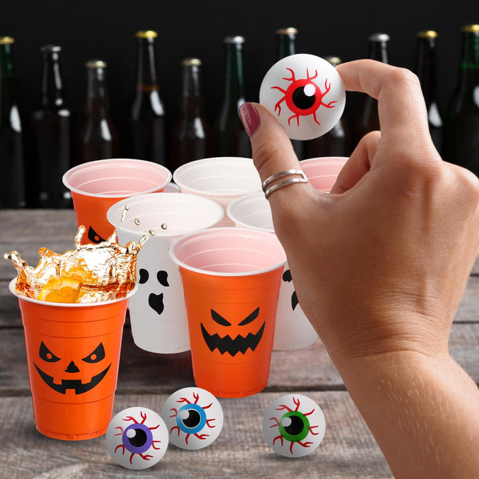 Seenelling 30 Pack Halloween Party Supplies Includes 22 Pcs Beer Cups with Halloween Designs and 8 Pcs 1.5In Fake Eye Balls for Party Favors Indoor Outdoor Nighttime Competitive(Pumpkin Ghost)