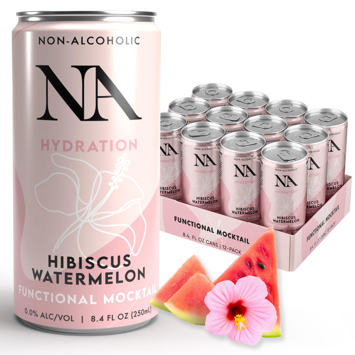 NA Functional Non-Alcoholic Drinks with Mushrooms & L-Theanine | Sea Salt for Hydration | Low Sugar, Low Calorie Adaptogen Social Tonic, Hibiscus Tea and Watermelon Mocktail, 8.4oz Cans (12 Pack)