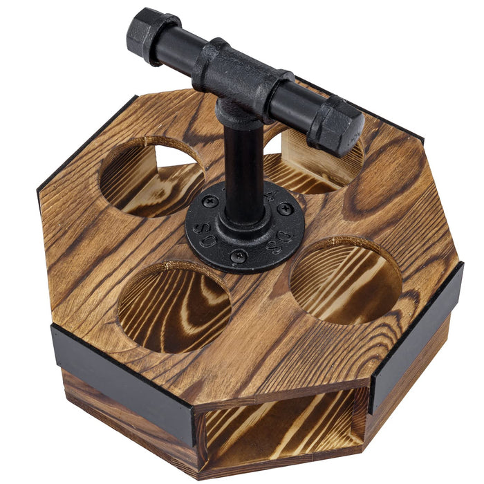 MyGift Burnt Solid Wood Geometric Beer Flight Server Set with Rustic Industrial Metal Pipe Handle, 4 Beer Glasses and Chalkboard Label Panel