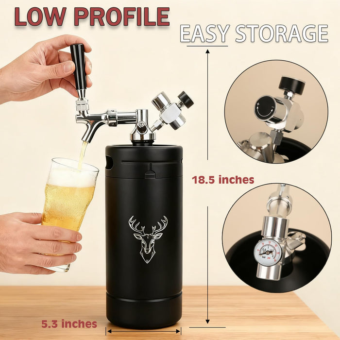 Beer Growler Tap System,128oz Portable Mini Keg Draft Beer Dispenser with Foldable Funne and Pressure Display,Stainless Steel Pressurized Beer Growler, Leak-Proof Ring, Homebrew, Craft Beer