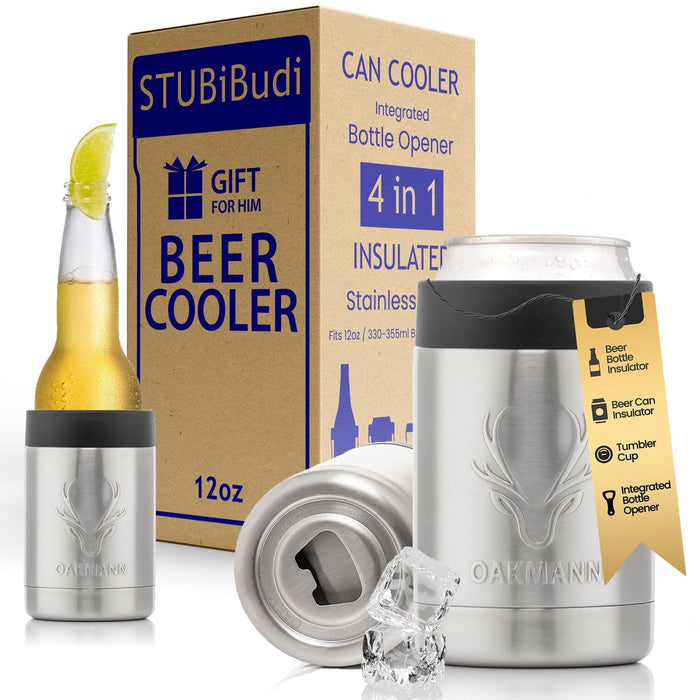OAKMANN Stainless Steel Beer Cooler With Bottle Opener, Vacuum Insulated Can Cooler 12 oz for Bottles Cans, 4-in-1 Universal Insulator Coozy for Bottles Cans, Beer Gifts for Men (Steel)