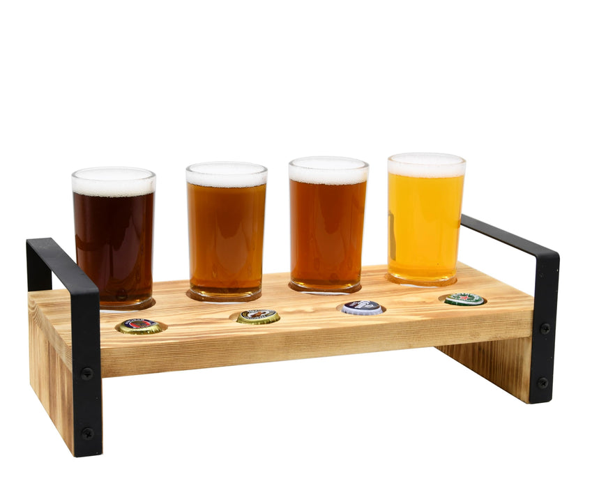 Owlgift Brown Wood Beer Flight Sampler Tray Holder Serving Set w/ 4 Glasses & Bottle Cap Holder & Black Metal Handles, Outdoor Bar Accessory, Drink Stand, Beer Gifts