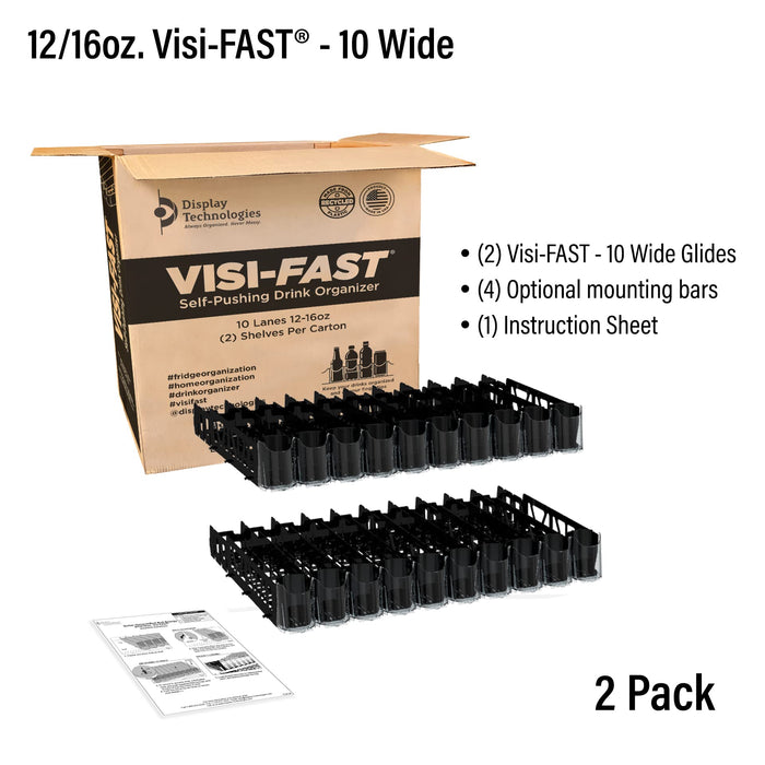 Display Technologies Visi-FAST Spring Push Drink Dispenser, Refrigerator Organizers and Storage for 12/16 oz Beverages, Bottles, and Cans, Drink Dispenser for Fridge, Commercial and Home, (Pack of 2)