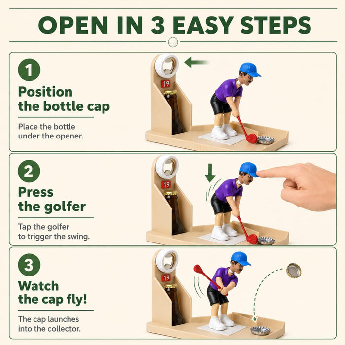 Golf Swing Beer Buddy, Golf-Themed Automatic Bottle Opener with Cap Catcher, Funny Golf Bar Accessory Gift for Men, Dad, Golf Lovers, Home Bar, Man Cave, Party (1PC)