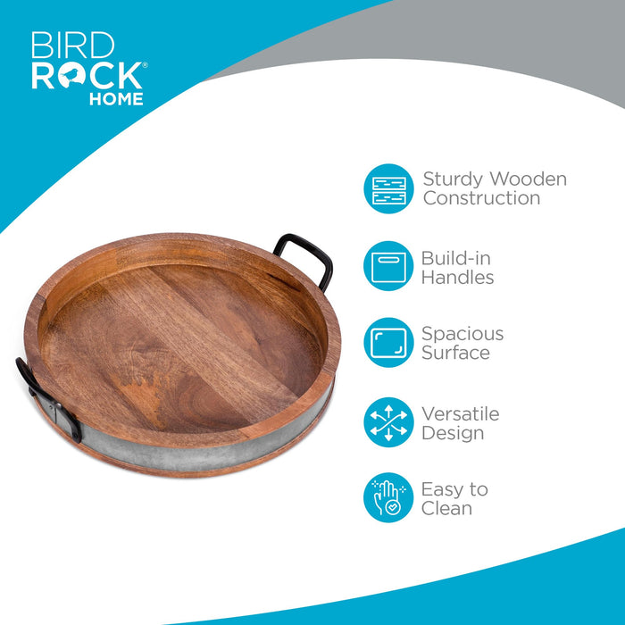 BIRDROCK HOME Round Wood Serving Tray with Handles and Iron Accents, 16”