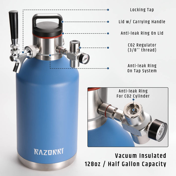 Razorri 128oz Stainless Steel Beer Growler, Double-Wall Vacuum Insulated Carbonated Keg with Professional Bar Tap and Pressurized CO2 Regulator, 1 Gallon, Ocean Blue