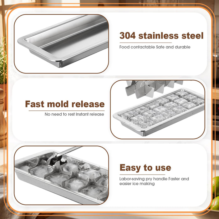 OBreezify 2 Pcs Stainless Steel Ice Cube Tray with Easy Release Levers 1 Metal Ice Bucket 1 Scoop 1 Tong for Freezer Wine Beer Champagne Cocktails Drink Bucket Bin Container Bar Party Picnic