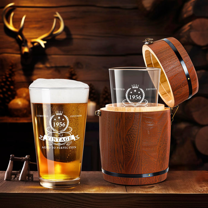 LIGHTEN LIFE 70th Birthday Gifts for Men 16oz,1956 Beer Glass in Barrel Box,70th Birthday Gift Ideas,1956 Pint Glass for 70 Years Old Dad,Husband