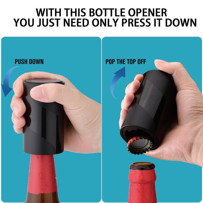 2 PACK Push Down-Pop Off Beer Bottle Opener with Magnetic Cap Catcher No Damage to Caps,Automatic Decapitator Beer/Soda Magnet Bottle Top Openers,One-Hand Easy/Funny Open,Cool Bartender Tools (Black)