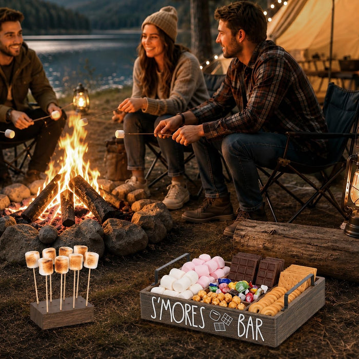Wooden S'mores Bar Station, Smores Caddy Holder with Handles for Counter