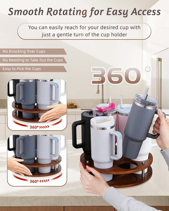 FAITIO Rotating Wood Tumbler Organizer, 30 oz 40 oz Spinning Turnable Tumblers Holder, 360° Rotatable 7 Large Cups Bottle Tumbler Storage Display Stand, Rotate Syrup Organizer for Cabinet Countertop