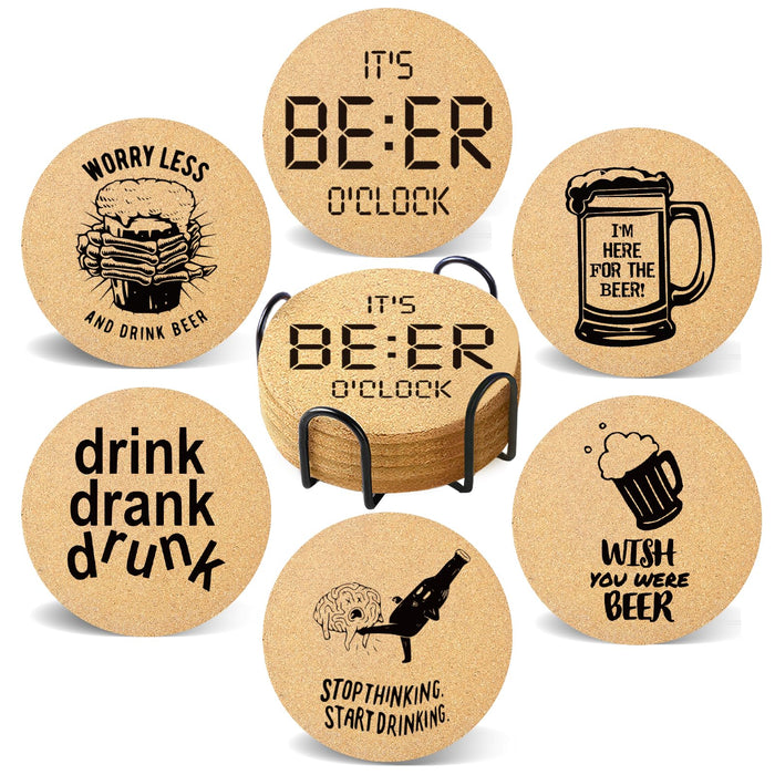 Cegkuc Coasters for Drinks with Holder Set of 6, Absorbent Cork Wood Coaster for Cup Desk Office Table Kitchen Decor House Warming Gifts for New Home Couples, Round 4"
