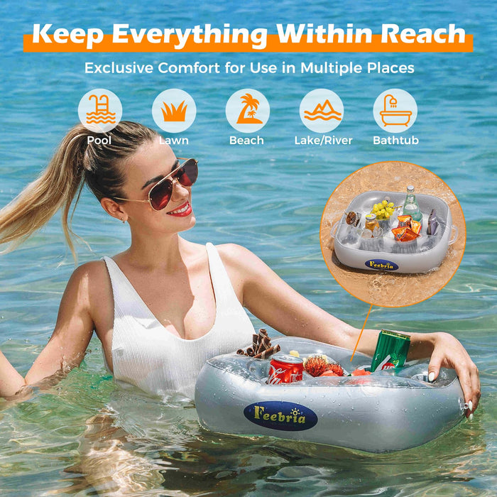 FEEBRIA Inflatable Floating Drink Holder for Pool Party Beach hot tub (Silver)