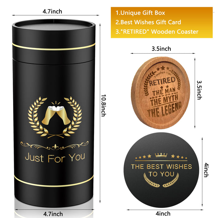 GALOFAY Retirement Beer Glasses Gifts, Personalized Glass Ware Set for Men, Black Gift Package with Drinking Glass, Coaster, and Farewell Card for Retired Man