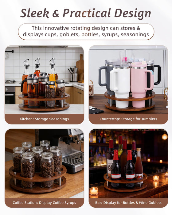 FAITIO Rotating Wood Tumbler Organizer, 30 oz 40 oz Spinning Turnable Tumblers Holder, 360° Rotatable 7 Large Cups Bottle Tumbler Storage Display Stand, Rotate Syrup Organizer for Cabinet Countertop
