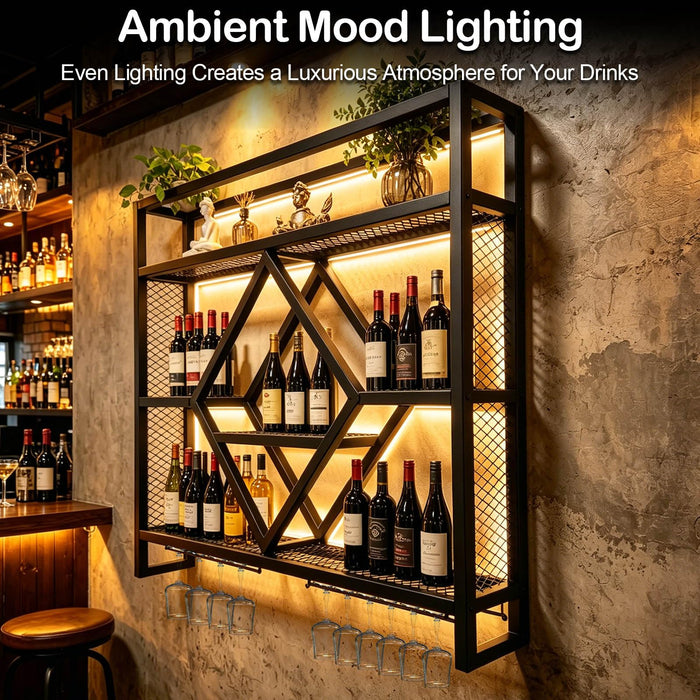 Wall Mounted Wine Rack with LED Light, 39.4in Industrial Metal Wine Bottle Display Shelf with Wine Glass Holder,Large 3 Tier Floating Bar Shelves, Wall Bar Decor for Home Bar Kitchen Dining Room