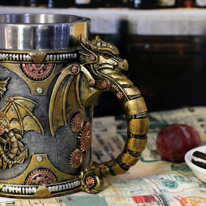 alikiki Medieval Steampunk Dragon Mug - Large Coffee Mug Mechanical Dragon D&D Gift for Men Father's Day Gifts - 21OZ Stainless Steel Party Gaming Mugs Beer Tankard