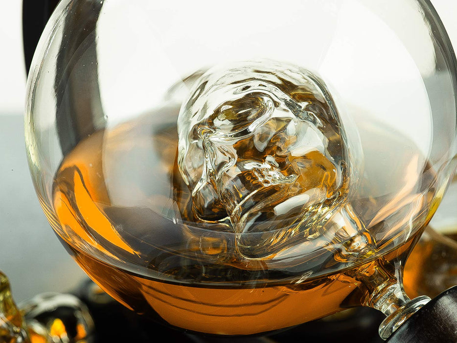 Skull Skeleton Wine & Whiskey Globe Decanter Set 850mL | Gothic Barware Gift Set with 4 Skull Head Shot Glasses 3oz & Skull Chillers on Wooden Base | Spooky Halloween Skeleton Drinkware