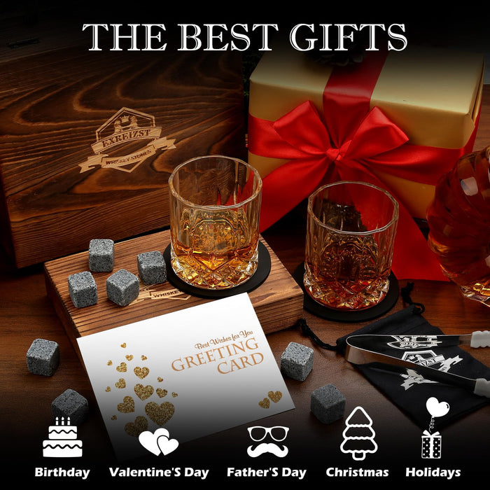 Whiskey Stones Gift Set - Whiskey Glass Set of 2 - Granite Chilling Whiskey Rocks - Scotch Bourbon Gifts for Men -Valentine's Day Birthday Gifts for Men Dad Him Husband Drinking Gift for Holiday