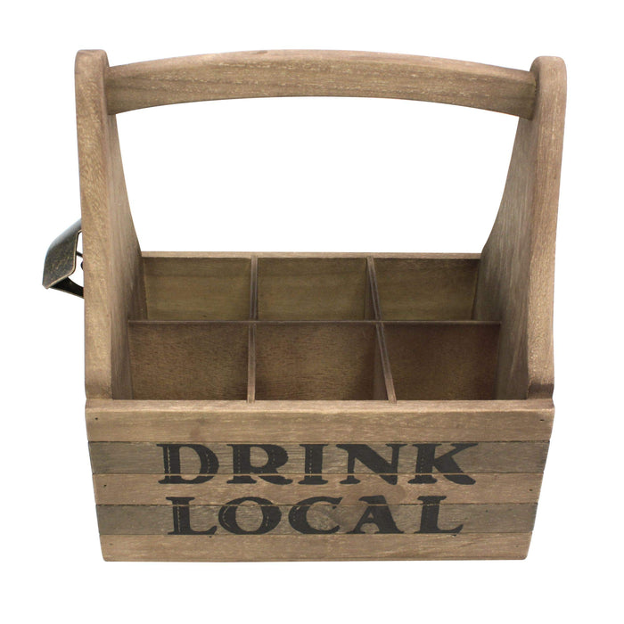 Stonebriar Wooden Drink Local Beer Caddy with Handle and Metal Bottle Opener, Large, Brown