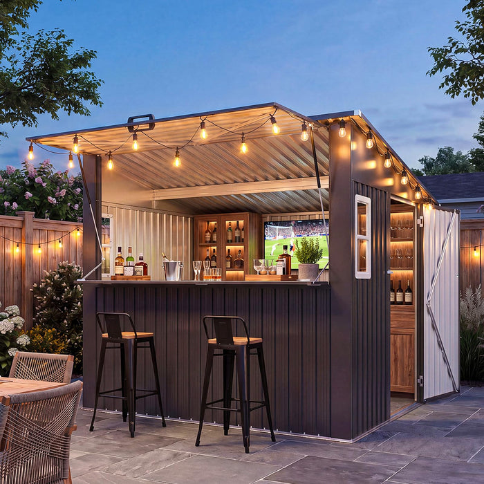 Aoxun 8x7 FT Outdoor Bar Shed with Canopy Black