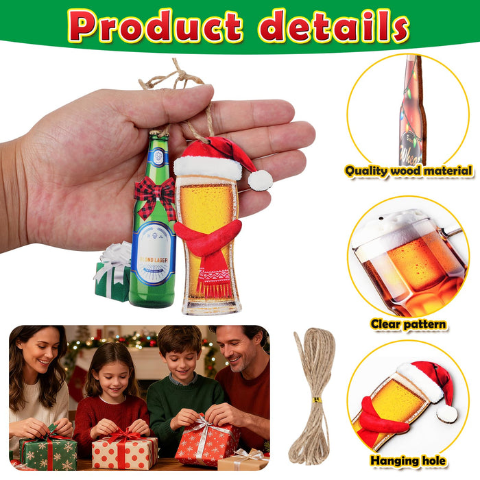 36 Pcs Beer Ornaments for Christmas Tree, Funny Wine Bottle Ornaments Set, Wooden Hanging Crafts for Xmas Party Holiday Tree Decorations
