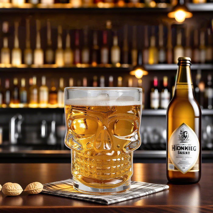 Beer Mugs Set of 4 - Skull Glasses with Handle - 17 OZ Heavy Base Drinking Tiki Glasses - Clear Beer Stein Cup for Whiskey, Wine, Juice, Home Bar, Halloween Decorations Gifts