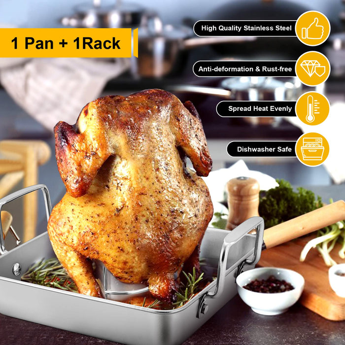 P&P CHEF Beer Can Chicken Holder with Roasting Pan Set, 9-inch Stainless Steel Square Baking Pan and Chicken Rack For Grilling, Heavy Duty & Dishwasher Safe, 2Pcs