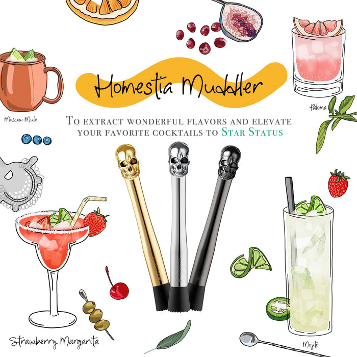 Homestia 4Pcs Muddler for Cocktail, Mixing Tools Set, Halloween Skull Decor