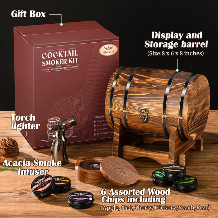 Whiskey Smoker Kit with Charred Wood Barrel (Patent Pending) – Cocktail Smoker with Torch & 6 Premium Wood Chips for Old Fashioned & Whiskey – Perfect Home Bar Gift for Men, Dad, Husband (No Butane)