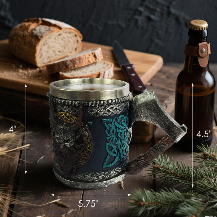 Viking Beer Mug 15oz Stainless Steel Double Wall Heavy Mug, Hand-Carved Oak with Norse Runes, Axe Handle Tankard Gifts for Men Medieval Drinking Cup, Cool Beer Stein for Home Bar Viking Decor