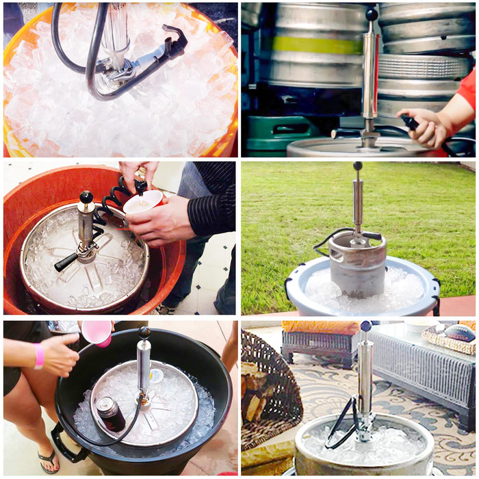 MRbrew Keg Party Pump, American D System Beer Keg Tap Keg Hand Pump 4'' Picnic Pump with Beer Faucet & Beer Hose, Chrome-Plated Keg Draft Beer Party Pump with 2 Hose Clamps Kegerator Pump for Homebrew