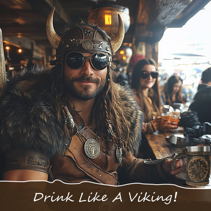 IELCJJ Original Handmade Viking Runes Mug - 20oz Thor Hammer Mjolnir Beer Tankard - 304 Stainless Steel Medieval Celtic Pirate Heavy Viking Cup - Novelty Norse Mythology Decor - Gift for Men Women