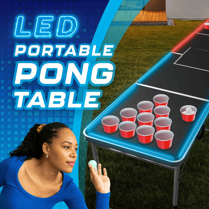 LED Portable Pong Table, Folding Party Game Set, for Tailgating and Outdoor Parties, 8-Foot Length