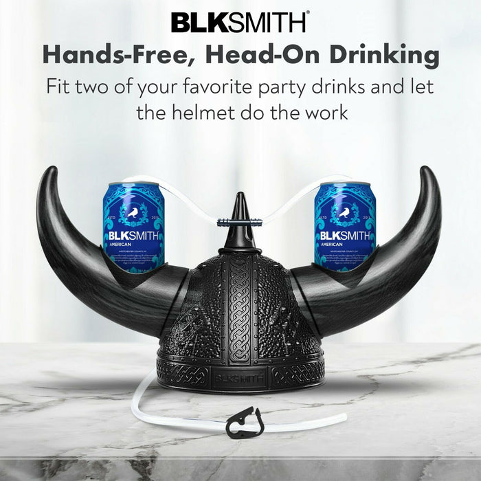 BLKSMITH Viking Drinking Helmet with Straws – Funny Beer Hat Holds 2 Cans – Adjustable Novelty Drinking Helmet Fits 16–24" Head – Gag Gift for Men, Dad, Husband, Bachelor Party, Tailgating - (Black)