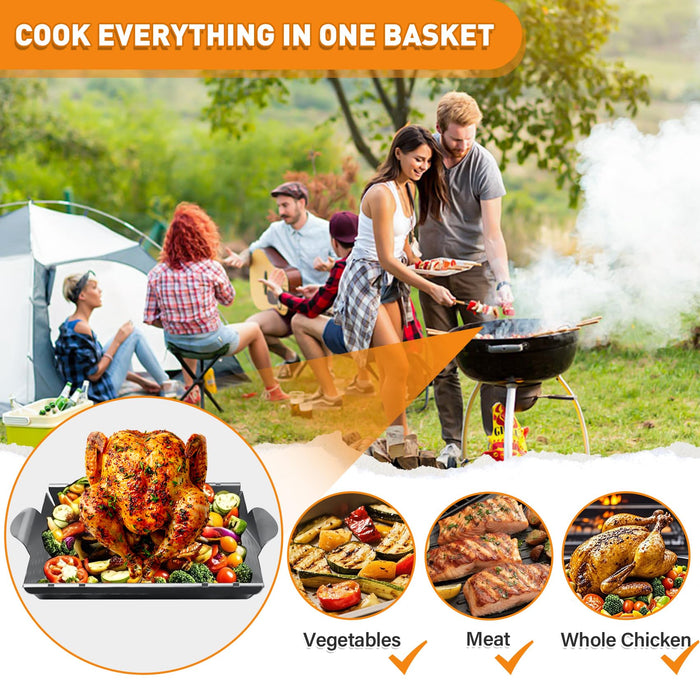 Upgraded Beer Can Chicken Holder for Grill Smoker Oven, Vertical Chicken Roaster Stand with Handle, Large Stainless Steel BBQ Barbecue Accessories, Indoor Outdoor Grill Rack Vegetables Grilling Basket