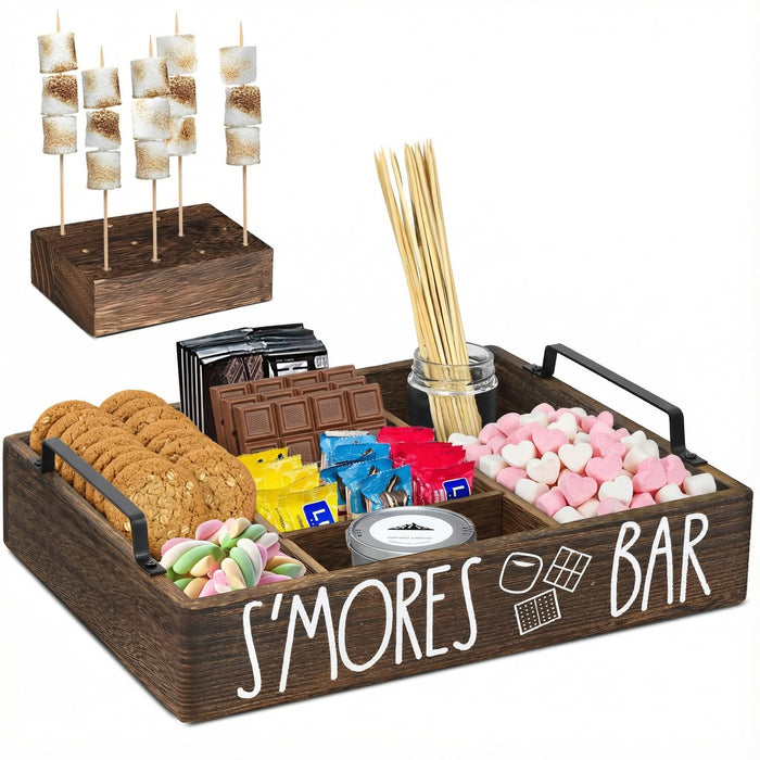 Wooden S'mores Bar Station, Smores Caddy Holder with Handles for Counter