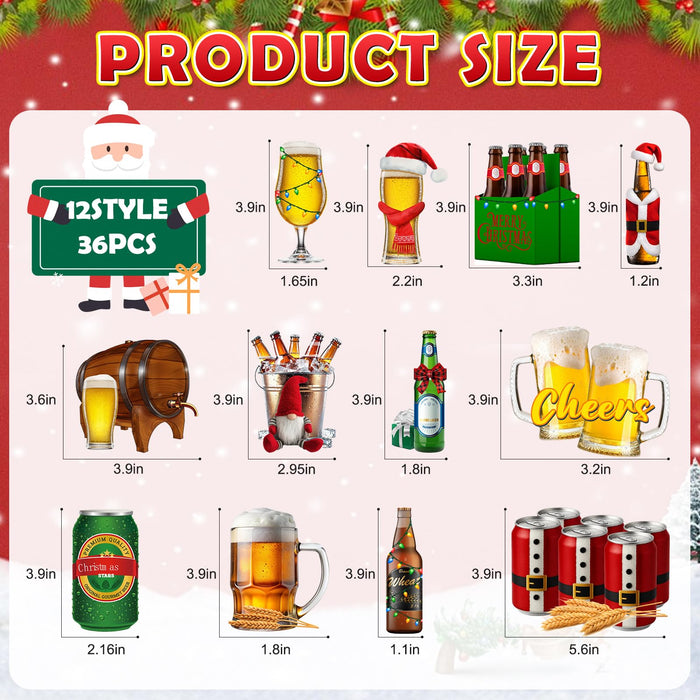 36 Pcs Beer Ornaments for Christmas Tree, Funny Wine Bottle Ornaments Set, Wooden Hanging Crafts for Xmas Party Holiday Tree Decorations