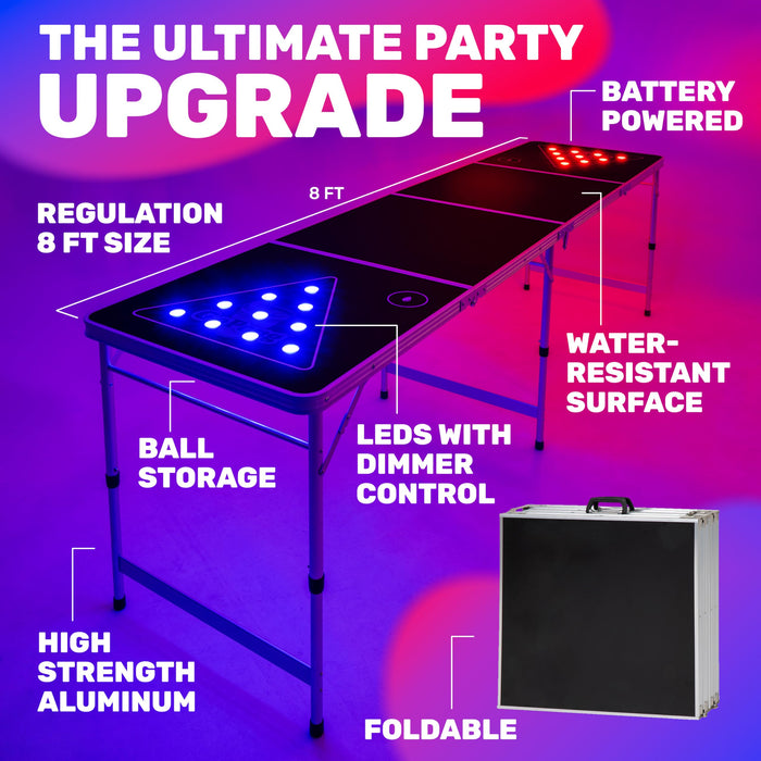 GoPong 8 ft Foldable Beer Pong Table with LED Lights - Regulation Size Portable Pong Table with 6 Balls