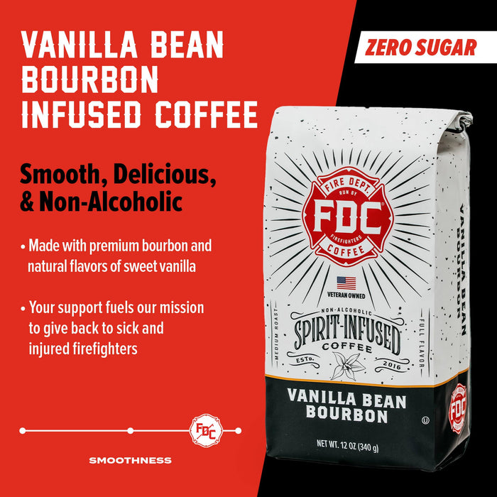 Fire Department Coffee - Vanilla Bourbon Coffee - Gives Back to Firefighters - Vanilla Bean Bourbon Infused Whole Bean - Non-Alcoholic - Roasted in the USA - Veteran Owned - 12 oz