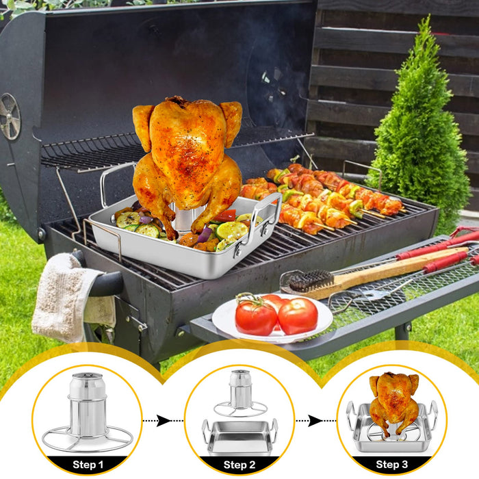 P&P CHEF Beer Can Chicken Holder with Roasting Pan Set, 9-inch Stainless Steel Square Baking Pan and Chicken Rack For Grilling, Heavy Duty & Dishwasher Safe, 2Pcs