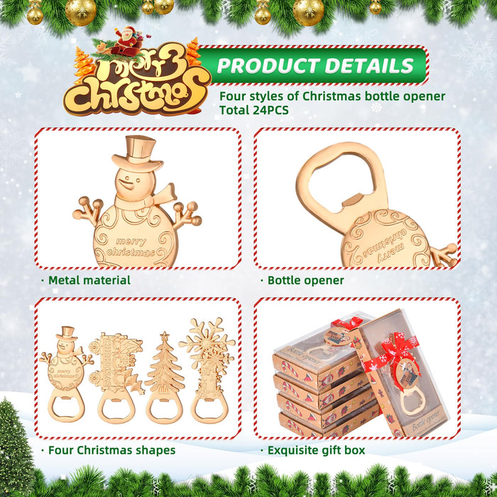24Pcs 4 in 1 Christmas Beer Bottle Opener Set, Xmas Tree Snowman Snowflask Train Bottle Openers with Gift Box, for Winter Theme Party Decoration Gift Festive, Souvenirs Favors for Guests
