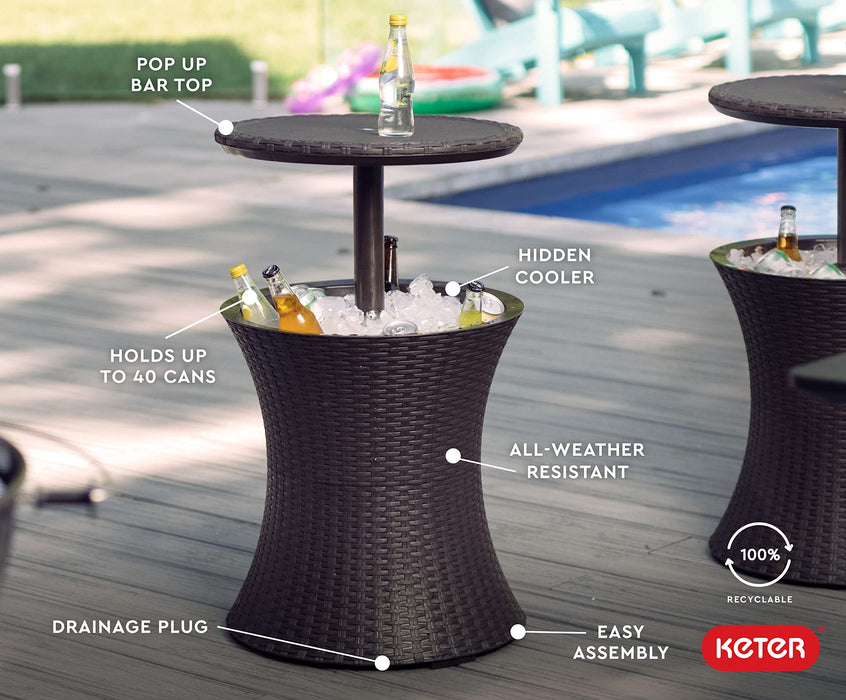 Keter Pacific Cool Bar Outdoor Patio Furniture and Hot Tub Side Table with 7.5 Gallon Beer and Wine Cooler, Espresso Brown