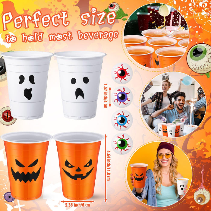 Seenelling 30 Pack Halloween Party Supplies Includes 22 Pcs Beer Cups with Halloween Designs and 8 Pcs 1.5In Fake Eye Balls for Party Favors Indoor Outdoor Nighttime Competitive(Pumpkin Ghost)