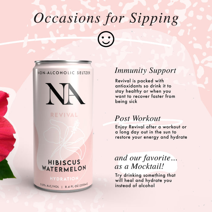 NA Functional Non-Alcoholic Drinks with Mushrooms & L-Theanine | Sea Salt for Hydration | Low Sugar, Low Calorie Adaptogen Social Tonic, Hibiscus Tea and Watermelon Mocktail, 8.4oz Cans (12 Pack)