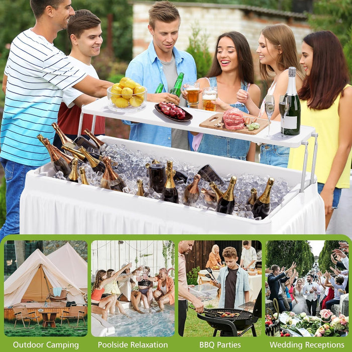 LHBcraft Folding Party Ice Cooler Table with Extra Storage Shelf, Portable Tailgate Camp Fishing Cleaning Table, Ice Cooler with Removable Skirt & Drain Hose, Cooler for Camping, Picnic,BBQ, White