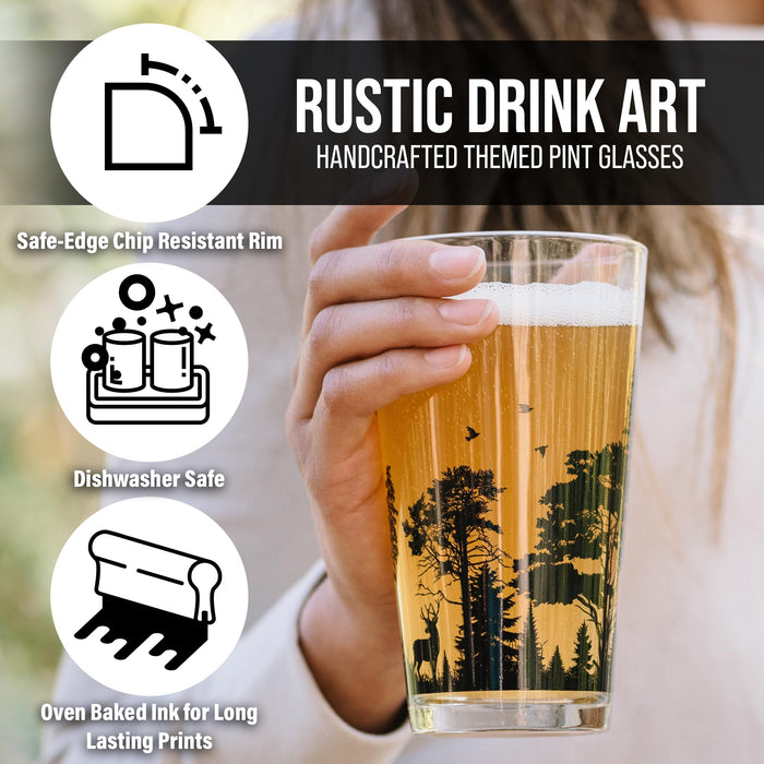Black Lantern Nature Themed Pint Glasses Set of 2 – Pint Glasses in Unique Designs for Craft Beer Enthusiasts - (Set of Two 16oz. Glasses) - Beer Glasses for Nature Lovers (Forest & Clouds)