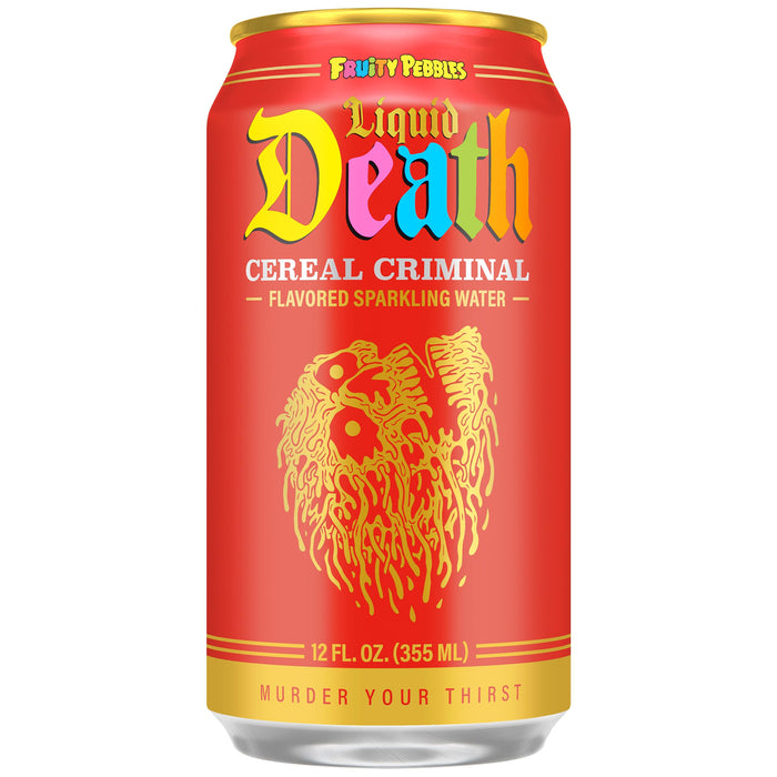 Liquid Death, Cereal Criminal, Fruity Pebbles-Flavored Sparkling Water, 12-Pack (12oz Cans), Low Calorie & No Artificial Sweeteners